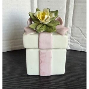 Lefton China Hand Painted Porcelain Gift Box Trinket Dish Pink Yellow Rose 1681